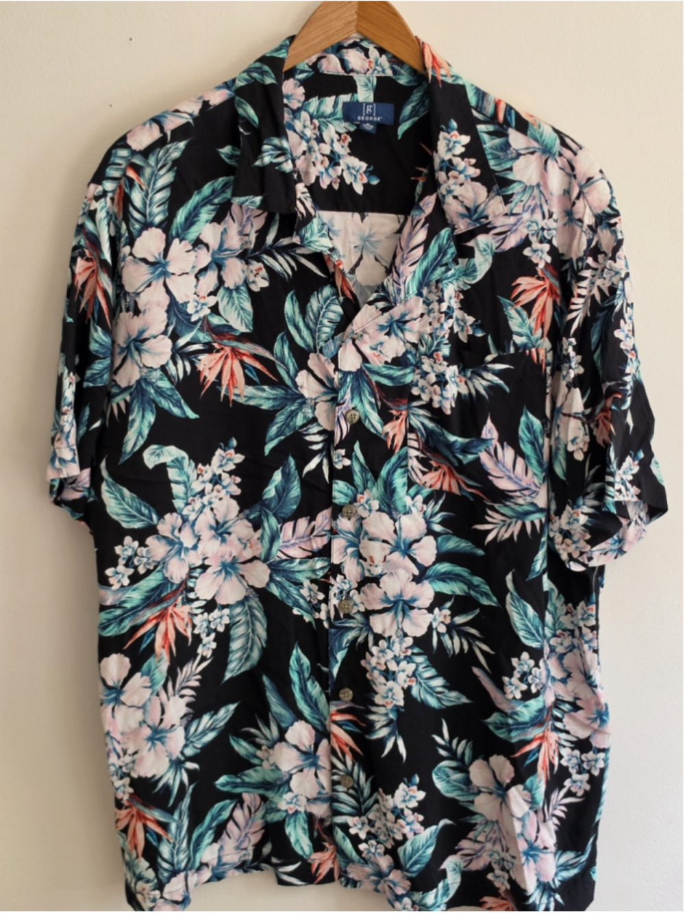 George Men's Hawaiian Shirt Black Floral Tropical Short Sleeve Size XL 46-48